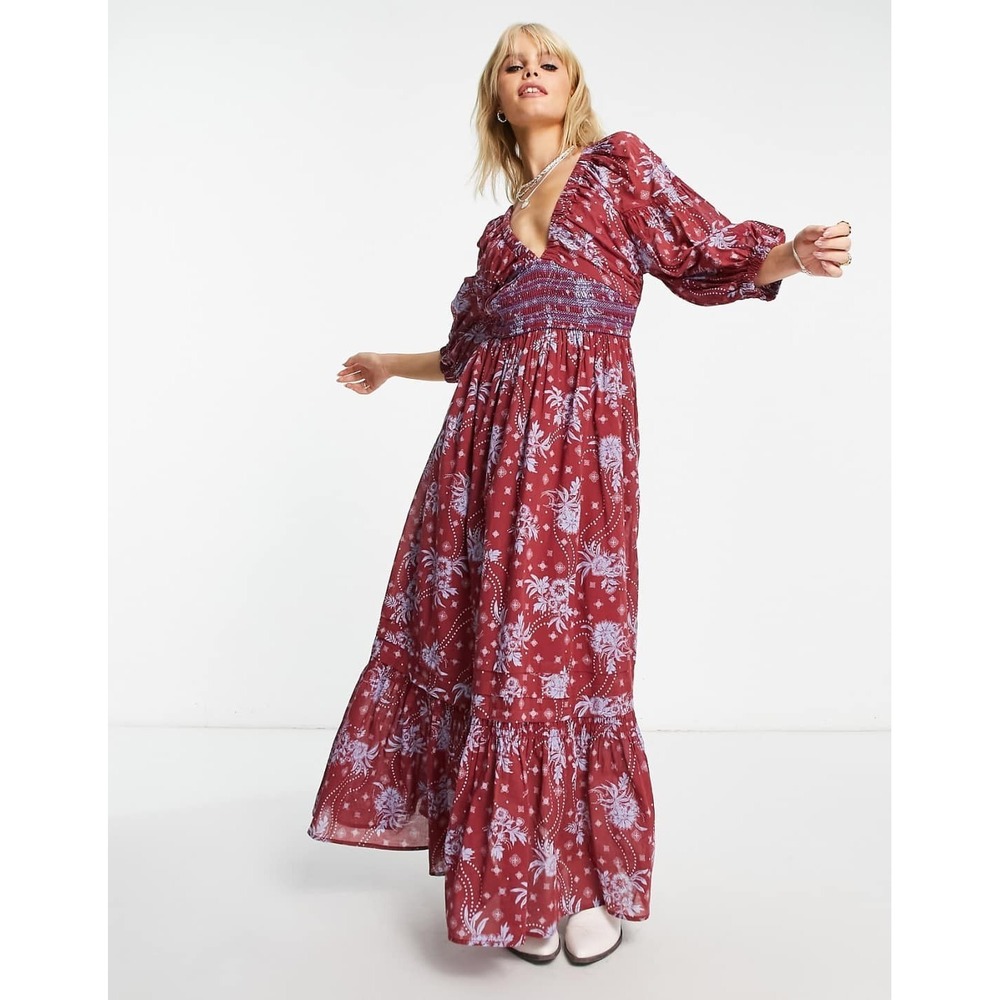 Free People Golden Hour Maxi Dress Wine Women LRG Boho Bohemian Artsy Festival
